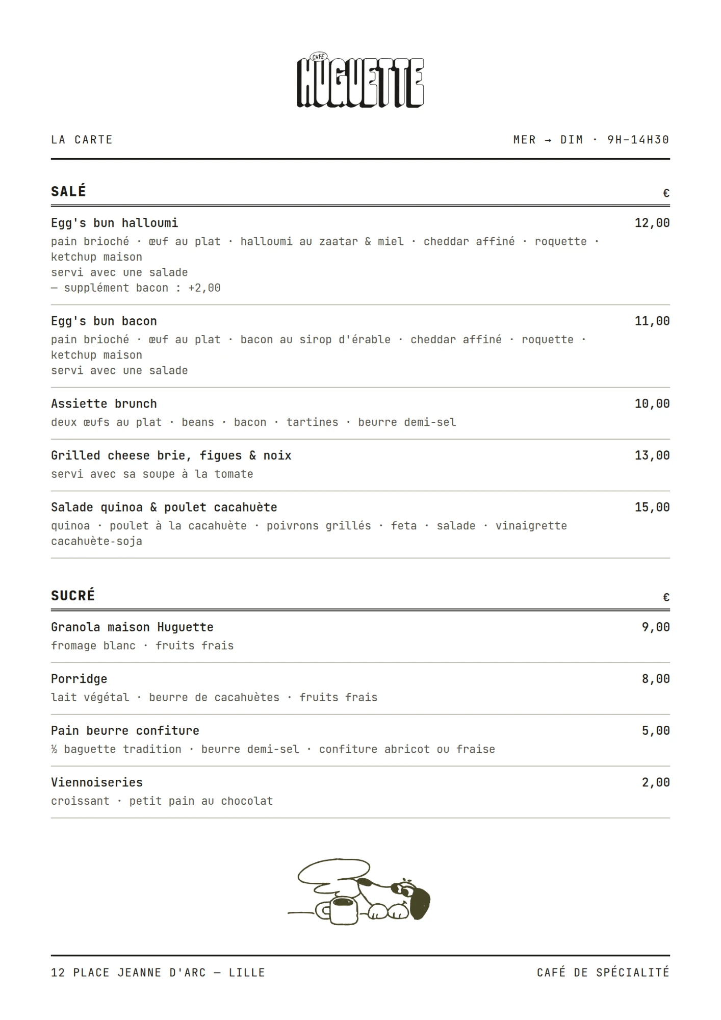 La carte Café Huguette — salé et sucré